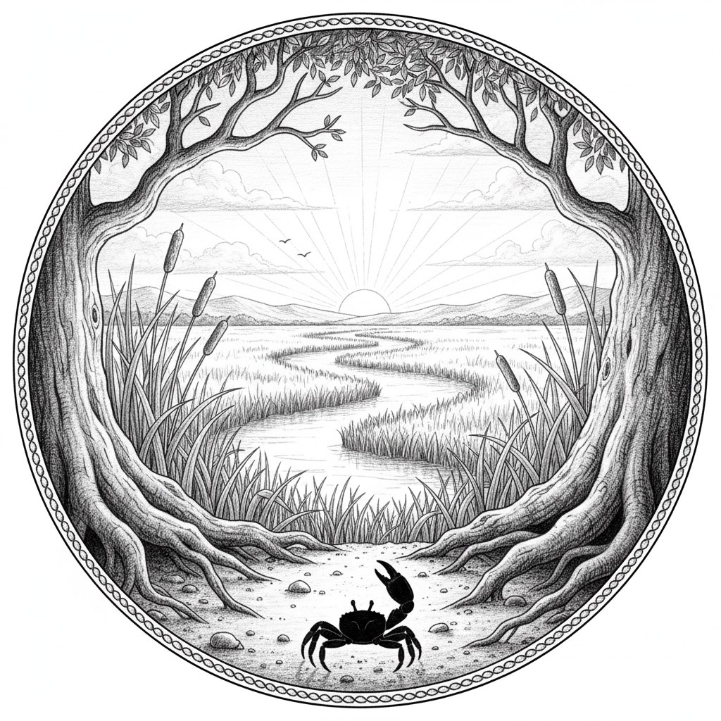 A fiddler crab beneath two trees arching over a winding salt-marsh creek at sunrise — the Adventures at Fiddler Marsh emblem