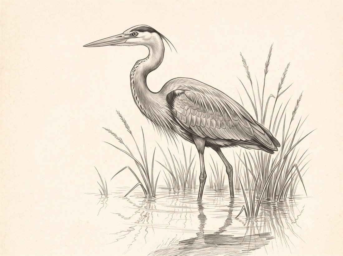 Pencil drawing of Stillwater, a great blue heron wading in the marsh shallows