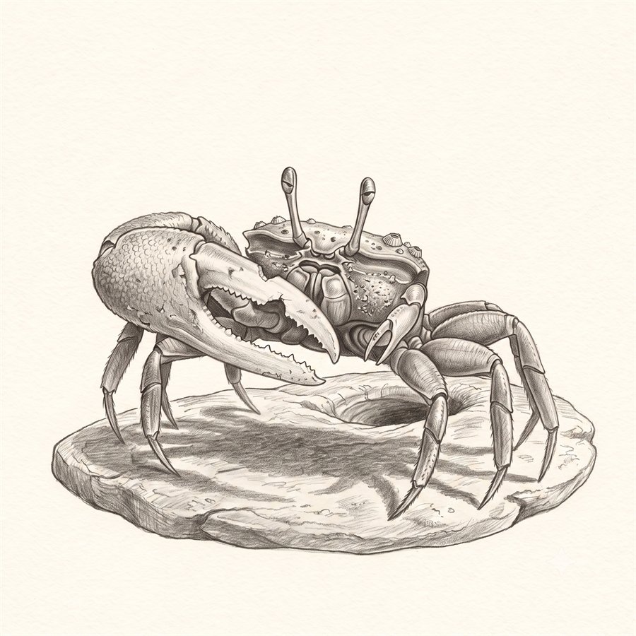 Pencil drawing of Papa Tide, an elder male fiddler crab with a large notched claw