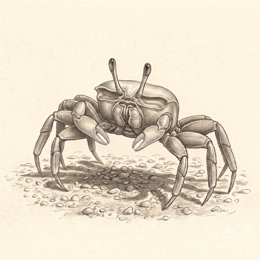 Pencil drawing of Pebble, a young female fiddler crab with two equal claws